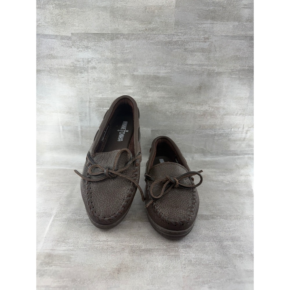 Minnetonka Women Sz 6 Dark Brown Pebble Leather Moccasin Loafers 492 Bow Shoes